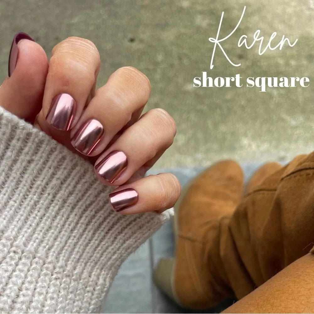 NEW 𝙍𝙚𝙙 𝘼𝙨𝙥𝙚𝙣 Press-On Rose Gold Chrome Short Square Lessons in Giving